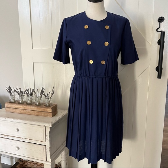Vintage Rhodes Pleated Dress Size 12 Petite Nautical Secretary Navy Blue USA - Picture 1 of 13
